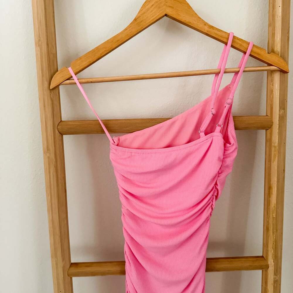 Princess Polly Pink Ribbed Ruched One Shoulder Mini Dress Size 0 XS Bodycon - Picture 6 of 9